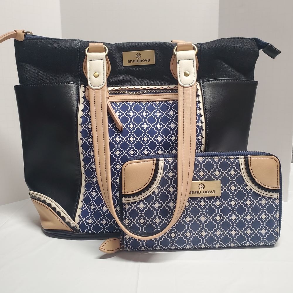 Blue and Tan Structured Tote with Gold Accents
